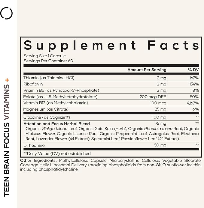 Codeage Teen Brain Focus Vitamins+ Citicoline Cognizin, L-Theanine, Ginkgo, Rhodiola, Lavender, Magnesium, Vitamin B6, B12, Folate - 2-Month Supply - 12-18 Years - Liposomal Supplement - 60 Capsules