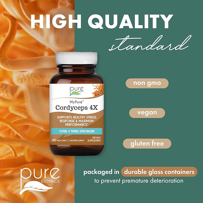 PURE ESSENCE LABS MyPure Cordyceps 4X Mushrooms - Concentrated Cordyceps Mushroom Powder Supplements for Immune System, Stress Response, Physical & Mental Performance - 2 Months Supply