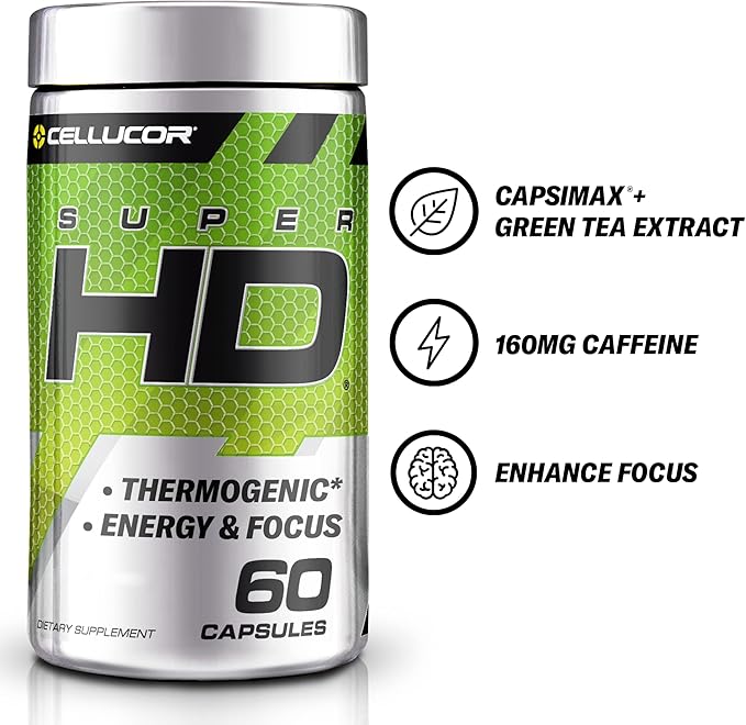 Cellucor SuperHD Thermogenic Fat Burner Weight Loss Supplement, Appetite Suppressant, & Energy Booster Capsimax, Green Tea Extract, 160mg Caffeine & More 60 Capsules (Packaging May Vary)