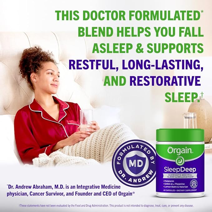 Orgain SleepDeep, Melatonin Sleep Aid Support Supplement with Magnesium, GABA, L-Theanine, L-Tryptophan, Chamomile, Lemon Balm & Valerian Root, Gluten Free, Doctor Formulated - 60 Count, 30 Day Supply