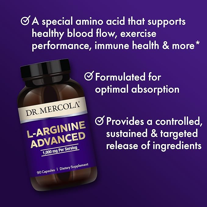 Dr. Mercola L-Arginine Advanced, 30 Servings (90 Capsules), 1,000 mg Per Serving, Dietary Supplement, Supports Energy Production, Non-GMO