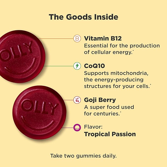 OLLY Daily Energy Gummy, Caffeine Free, Vitamin B12, CoQ10, Goji Berry, Adult Chewable Supplement, Tropical Flavor - 60 Count (Pack of 2)