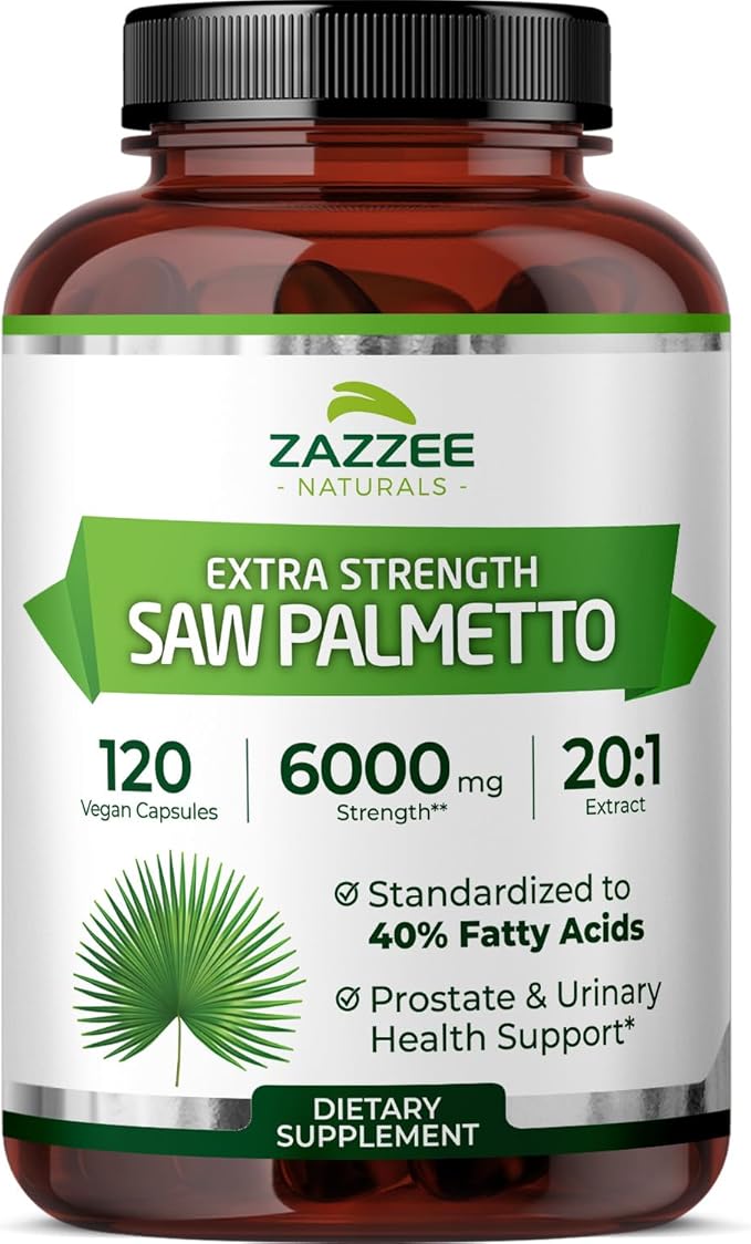 Zazzee Extra Strength Saw Palmetto 20:1 Extract, 6000 mg Strength, 40% Fatty Acids, 120 Vegan Capsules, 4 Month Supply, Concentrated and Standardized 20X Extract, Non-GMO, All-Natural, Made in the USA