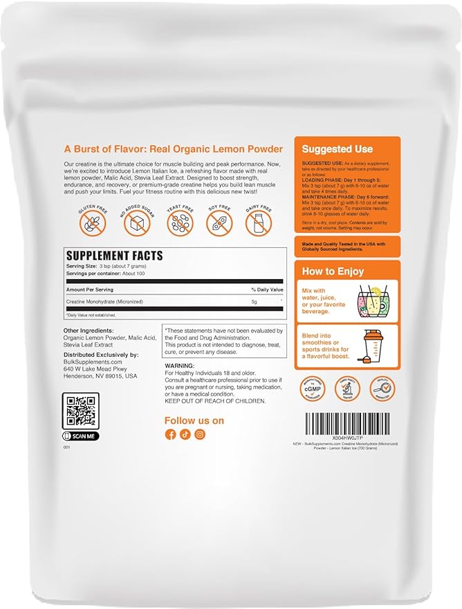 BulkSupplements.com Creatine Monohydrate Powder - Creatine Supplement, Micronized Creatine, Creatine Powder - Lemon Italian Ice, 5g (5000mg) per Servings, 700g (1.5 lbs) (Pack of 1)