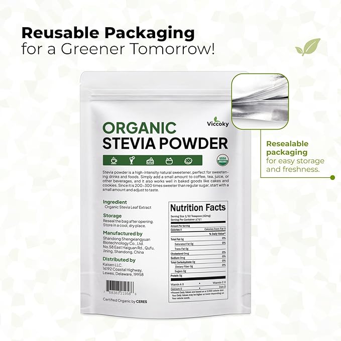 Viccoky Organic Stevia Powder, Pure Stevia Extract Powder, Sugar-Free & 0 Calories, No Additives, Sugar Substitute, Natural Sweetener, 10oz (284g)