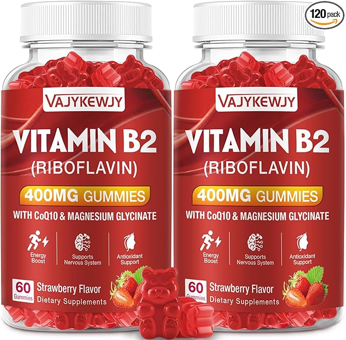 Vitamin B2 Gummies Riboflavin 400mg Strawberries Flavor, 120 Count,Vegan, Sugar-Free