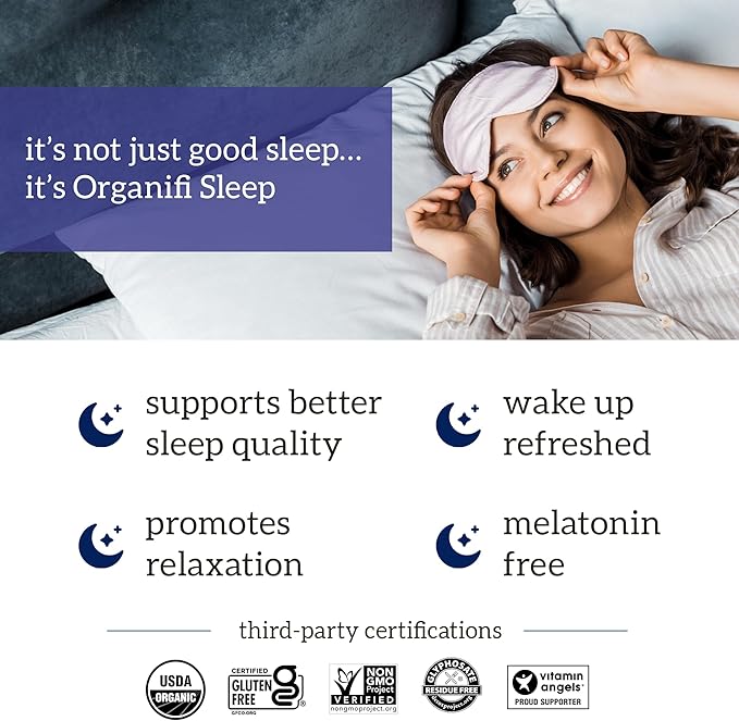 Organifi Sleep - Sleep Support with Valerian Root, Lavender, GABA and L-theanine - No Melatonin - Calming and Relaxing Nighttime Drink - No Gluten, Dairy or Soy
