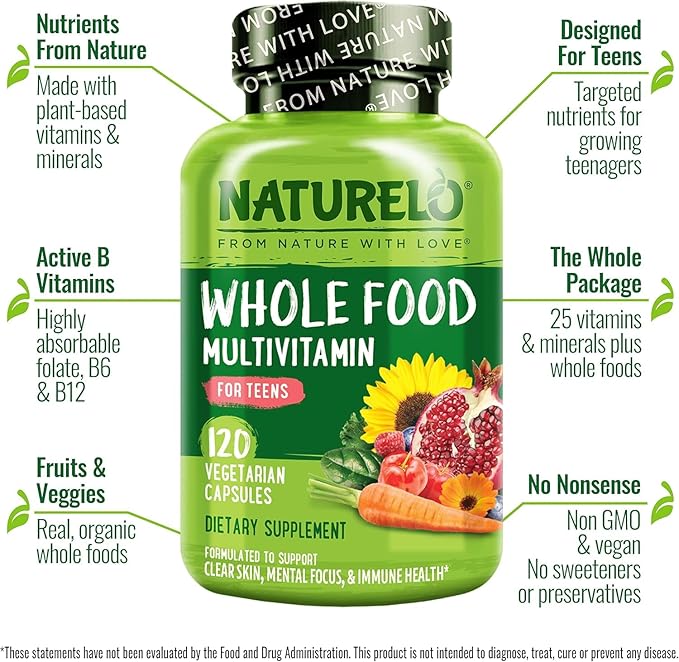 NATURELO Teen Multivitamin - Whole Food Multivitamin - with Minerals for Teenage Boys & Girls - Supplement for Active Kids - Non-GMO - Vegan & Vegetarian - 120 Capsules