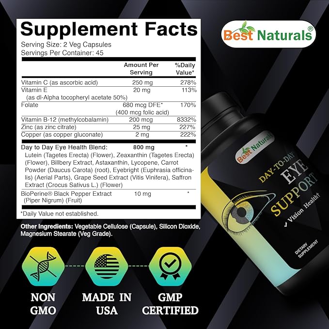 Best Naturals Day-to-Day Eye Support with Lutein, Zeaxanthin, Bilberry Extract, Astaxanthin, Lycopene, Carrot Powder 90 Veg Capsules