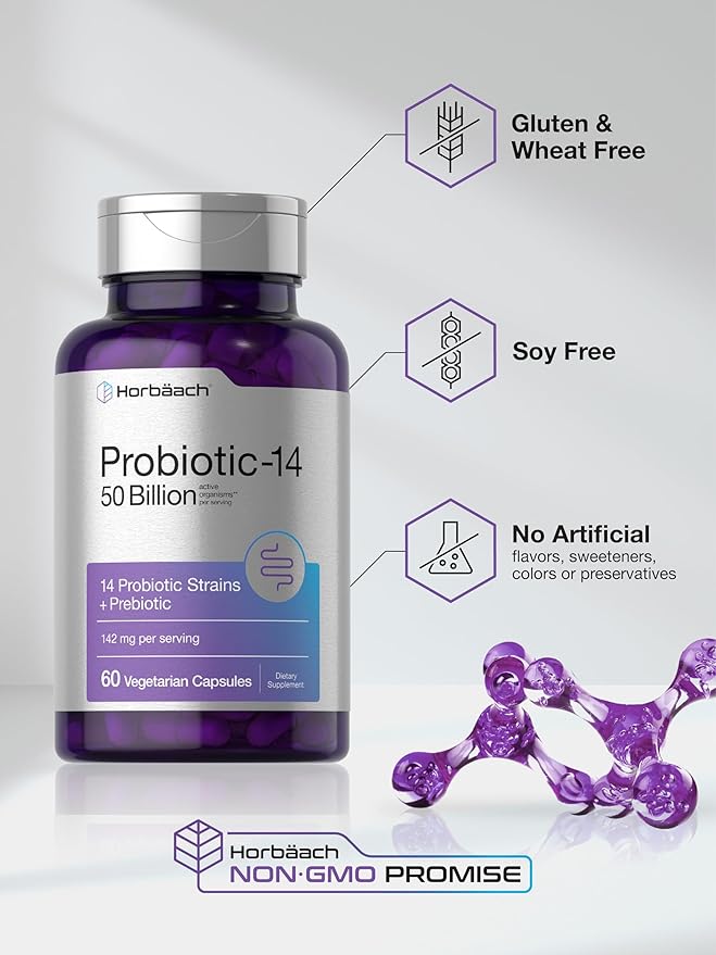 Horbaach Probiotics for Women and Men | 60 Capsules | 14 Probiotic Strains with Prebiotic | 50 Billion Active Organisms | Non-GMO & Gluten Free Supplement