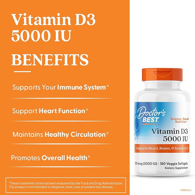 Doctor's Best Vitamin D3 5000 IU, Supports Heart, Bones, & Immunity, Non-GMO, Gluten Free, Soy Free, Vegetarian 180 Veggie Softgels