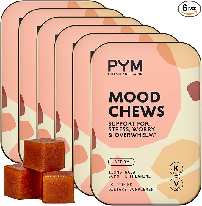 PYM Berry Mood Chews Support for Stress, Worry & Overwhelm, 120 Count | 130mg GABA, 90mg L-Theanine | Vegan, Non-GMO, Gluten-Free, No Added Sugar | All-Natural Mood Balance Supplement Made in USA