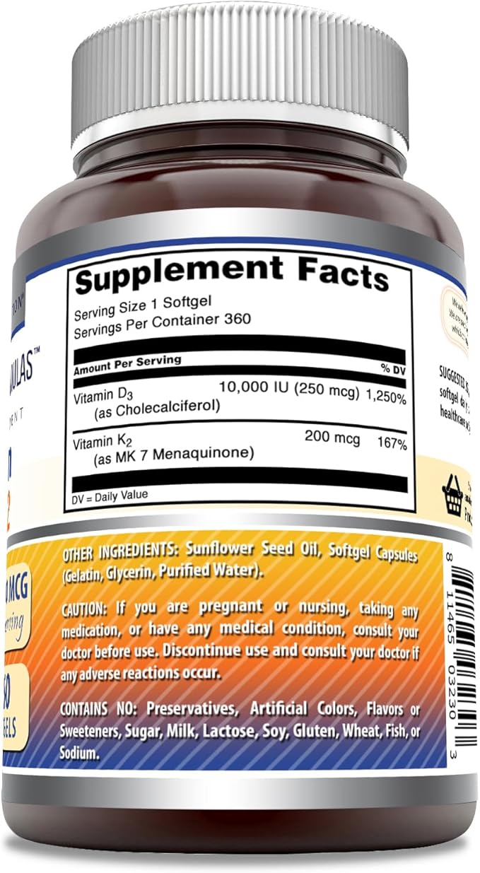 Amazing Formulas Vitamin D3 10000 IU with Vitamin K2 200 Mcg | D3 + K2 Complex Supplement | Non-GMO | Gluten-Free | Made in USA (360 Count, 1 Pack)