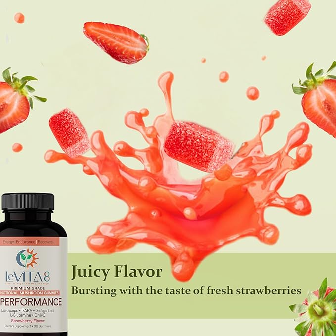 LeVITA8 Premium Mushroom Gummies for Focus & Energy - Cordyceps Gummies with 100% Natural Strawberry Flavor for Adults - Mushrooms Herbal Supplements for Endurance & Immune Support - 1 Month Supply