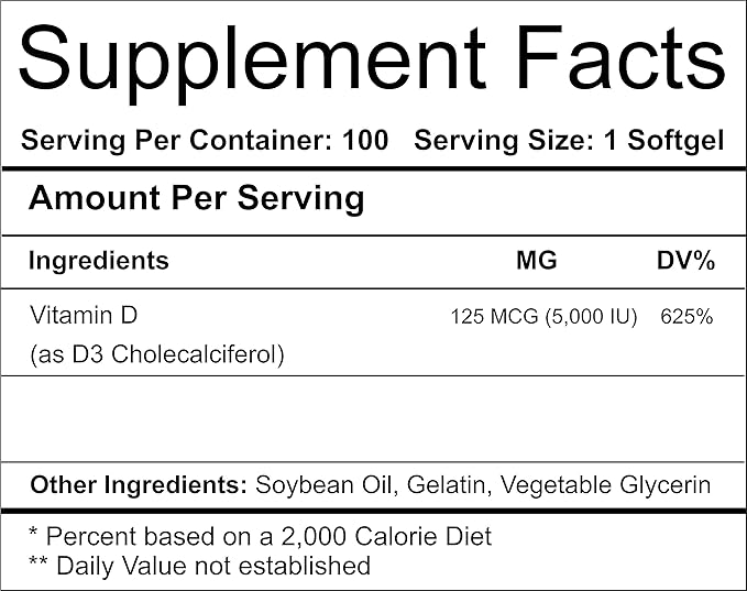 GMU SPORT Vitamin D3 5000 IU Softgels - Vitamin D Supplements for Bone Health, Strength, Muscle, Teeth and Immune Support - High Potency Vitamin D 5000 IU - Vitamin D3 125 Mcg - 100 Softgels