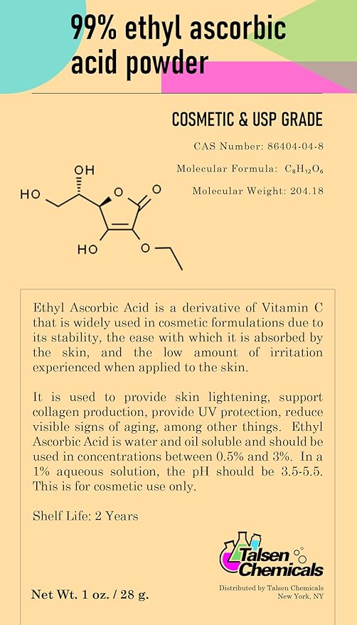 Ethyl Ascorbic Acid Powder Stable Vitamin C Derivative Help to Absorb Vitamin C to Skin Improve Skin Gloss, Skin Elasticity, Anti-Oxidation, and Other Functions (1 Ounce / 28 gram)