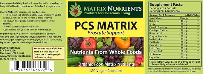 PCS Matrix - Lower PSA Levels for Healthy Prostate - 100% Natural Ingredients: Saw Palmetto, Rabdosia, Scute, Plantago Focium, Chrysantaomum, Ganoderma, Lotus Seed - Vegan Capsules (120ct)