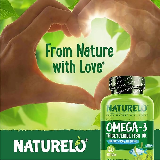 NATURELO Burpless Omega 3 Fish Oil Supplement - 1100mg Triglyceride Omega-3, EPA + DHA, Liquid Fish Oil for Heart, Eye, Brain, Joint Health - 60 Softgels, 2 Months Supply