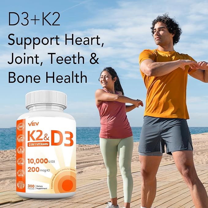 VEV Vitamin D3 K2, 10,000 IU D3, 200mcg K2 (with MK7), Supports Bone and Teeth Health, Dual Nutrient Support for Daily Wellness, Easy to Swallow (Packaging May Vary) – 300 Capsules