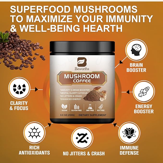 250g Mushroom Coffee - Lions Mane Mushroom Powder Instant Coffee with Lion's Mane, Reishi, Chaga, Cordyceps, Turkey Tail, Arabica - Mushroom Coffee Blend Support Gut, Focus, Brain Health