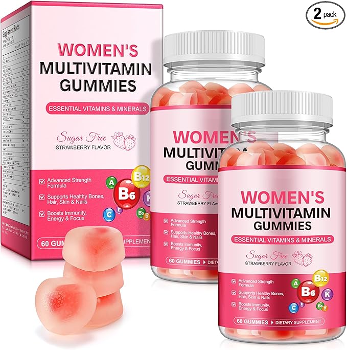 Womens Multivitamin Gummy with Vitamins A, C, D, E, K, B6, B12, Multivitamins for Women, Support Energy Beauty Immune, Hair & Nails, Skin Care, Strawberry Flavor, Sugar Free (120 Gummies)