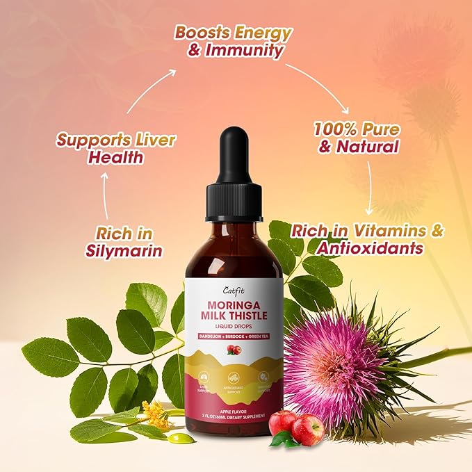 Moringa Milk Thistle Liquid Drops - Liver Health, Immune Support, Antioxidant Blend with Burdock, Green Tea & Dandelion - Moringa Capsules Alternative - Vegan, Apple Flavor,2 Fl Oz