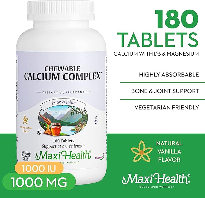 Maxi Health Chewable Calcium Complex - 1000 mg Calcium Supplement w/Vitamin D3 (1000 IU) & Magnesium (400 mg) - Bone, Teeth & Joint Support - 180 Count Chews (Pack of 2)