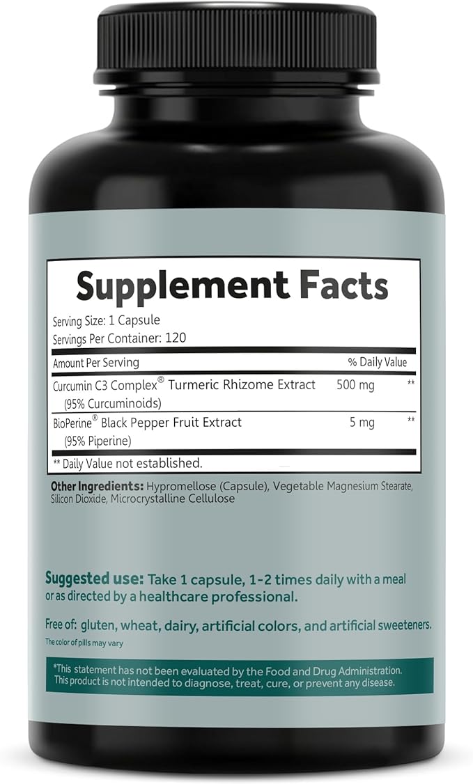 Turmeric Curcumin C3 Complex 500 mg, Enhanced with Black Pepper for Better Absorption; Kosher Certified, Non-GMO and Gluten Free - Standardized 95% Curcuminoids - 120 VegCaps