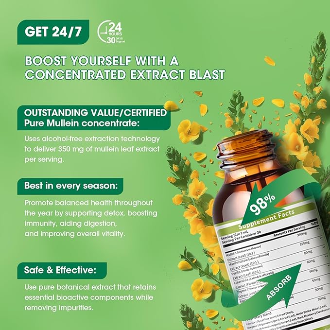 Mullein Leaf Extract Drops - 13-in-1 Botanical Extract Blend with Marshmallow Root for Wellness Support - Mullein Leaf Extract Supplement - Alcohol-Free Tincture, 2 fl oz, Apple
