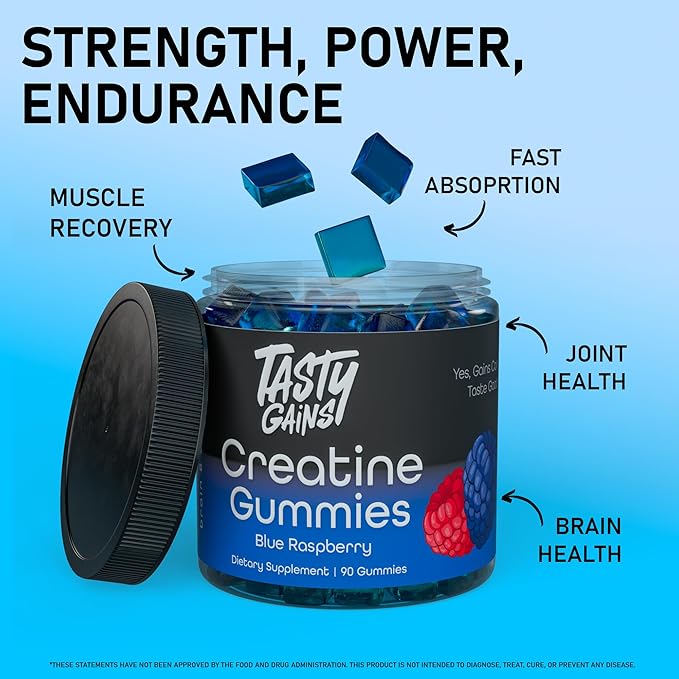 Creatine Infused Gummies, 90g of Creatine, Non-GMO, Vegan - Build Muscle & Boost Strength for Men & Women (1g Creatine Monohydrate Per Gummy) Made in USA