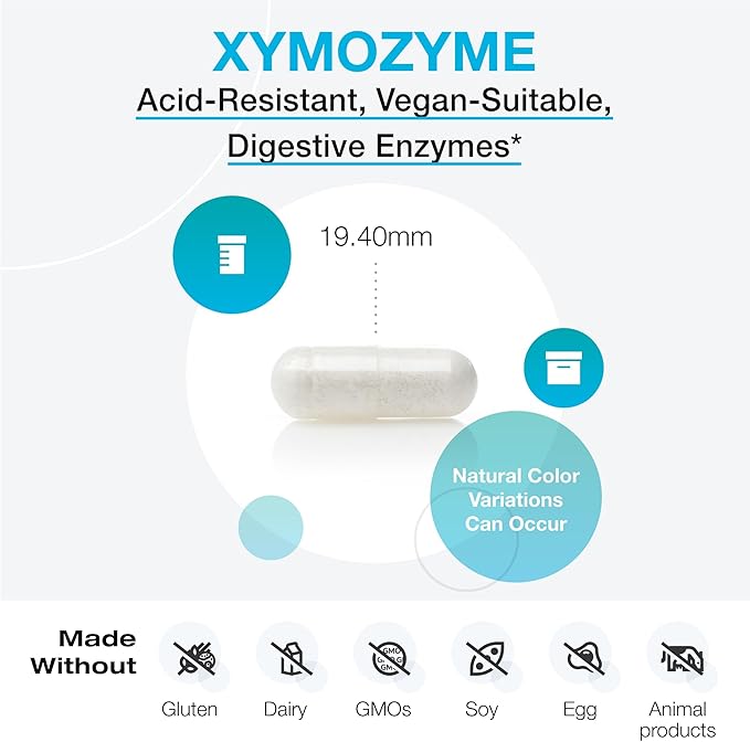 XYMOGEN XymoZyme - Vegan, Multi-Enzyme Digestive Supplement - Plant-Based Digestive Enzymes for Women & Men - Support Gut Health + Nutrient Absorption - Breakdown Lactose, Beans & More (60 Capsules)