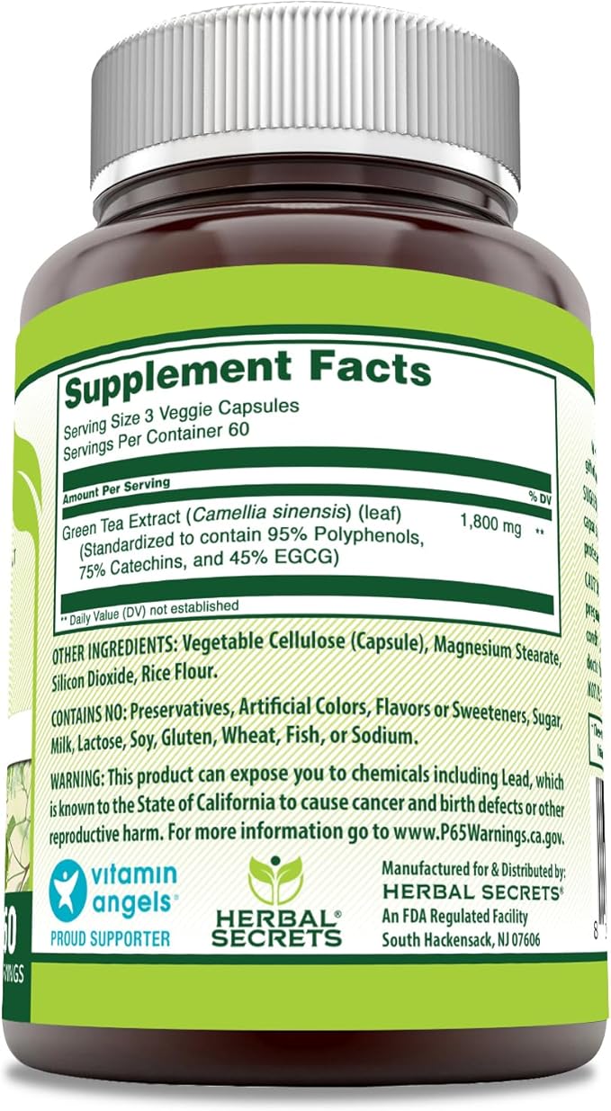 Herbal Secrets EGCG Green Tea Extract 1800 Mg Per Serving | Veggie Capsules Supplement | Non-GMO | Gluten Free | Made in USA (1 Pack, 180 Count)
