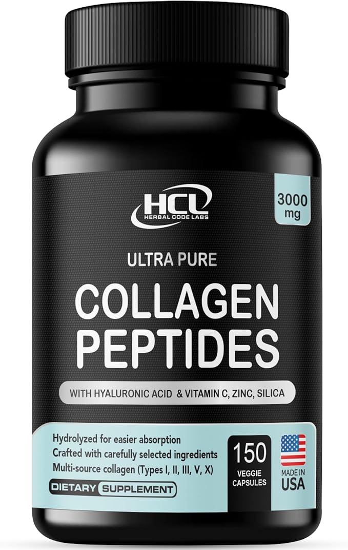 Collagen Peptides Powder with Vitamin C & Hyaluronic Acid - Organic Cleanest Sources & Super High Absorption - Hydrolyzed Multi Type I, II, III, V, X - Skin Hair Supplement (capsules)