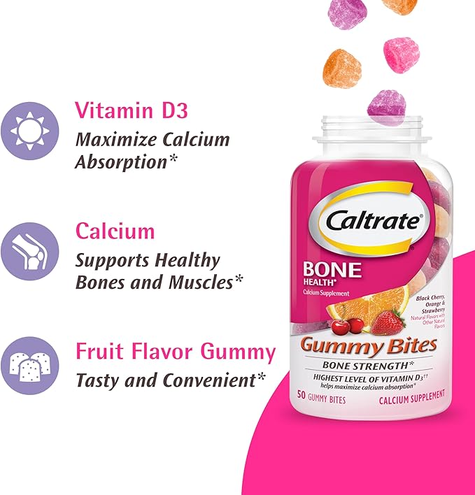 Caltrate Gummy Bites 500 mg Calcium and Vitamin D Supplement, Black Cherry, Strawberry, Orange - 100 Count