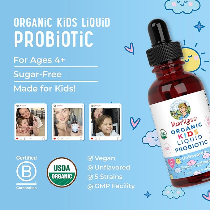 Kids Probiotic Liquid Drops by MaryRuth's | USDA Organic Probiotics for Digestive Health | Ages 4+ Gut Health & Immune Support Supplement | Overall Health | Vegan | Non-GMO | 1 Fl Oz