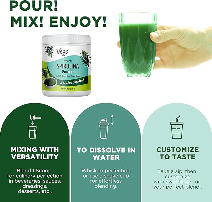 Organic Spirulina Powder - Blue Green Algae Plant-Based Superfood Blend - Antioxidant-Rich with Chlorophyll, Vitamins & Minerals for Cleansing, Energy & Immunity Support - Vegan, Non-GMO - 8 oz