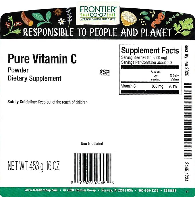 Frontier Bulk Vitamin C Powder (3,400 mg Vitamin C/tsp.), 1 Pound