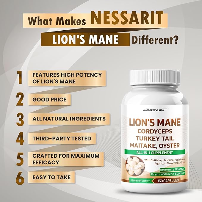 Lion's Mane Supplement - 12-in-1 Natural Blend with Cordyceps Turkey Tail Maitake Oyster Shiitake Meshima Poria Cocos - 150 Count - Made & Tested in The USA