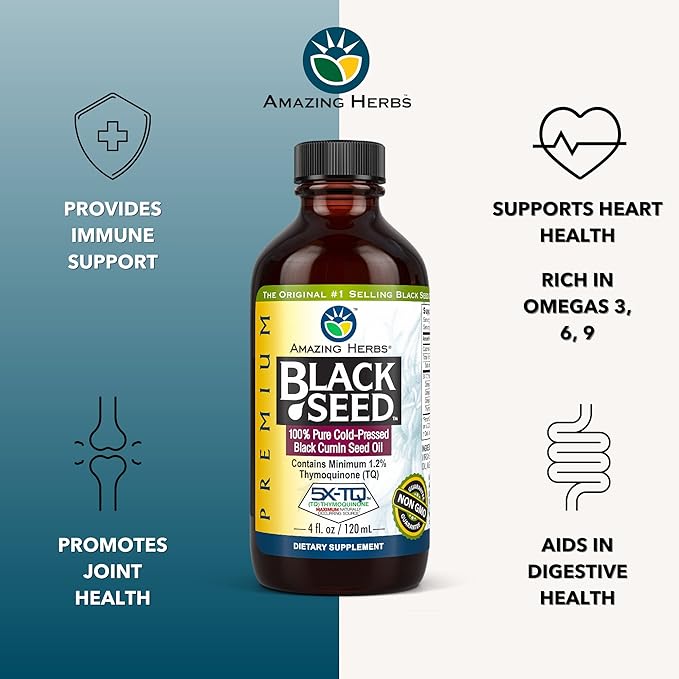 Amazing Herbs Premium Black Seed Oil - Gluten Free, Non GMO, Cold Pressed Nigella Sativa Aids in Digestive Health, Immune Support, Brain Function, Joint Mobility - 4 Fl Oz (Pack of 2)