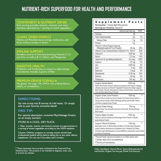 PhysiVantage Greens Superfood Powder with Prebiotic Fiber, Probiotics, Post-biotics, Spirulina, Chlorella - Vegan - Energy, Focus, Immune Support, Gut Health - Delicious Mild Mint Flavor - 25 Servings