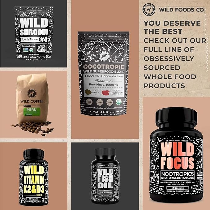Wild Foods Lions Mane Powder Mushrooms Extract 10:1 | Organic Mushroom Powder | Adaptogenic Nootropic Herb for Brain Health, Memory and Focus (4 Ounce (Pack of 2))