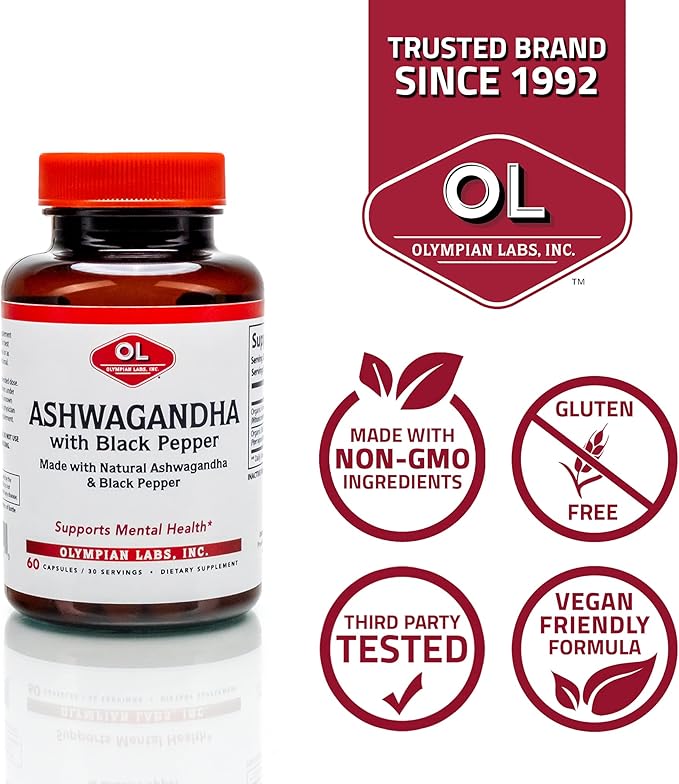 Olympian Labs Organic Ashwagandha with Black Pepper Supports The Brain, Muscle Mass and Strength - 60 Vegan Capsules 1300mg