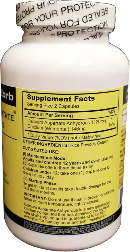 Calcium Aspartate Anhydrous Capsules for Bone, Joint, Muscle Health (180 Caps)