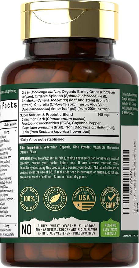 Tahoe Nutritionals Super Fruits and Veggies Capsules | 90 Count | Vegetarian, Non-GMO and Gluten Free Supplement
