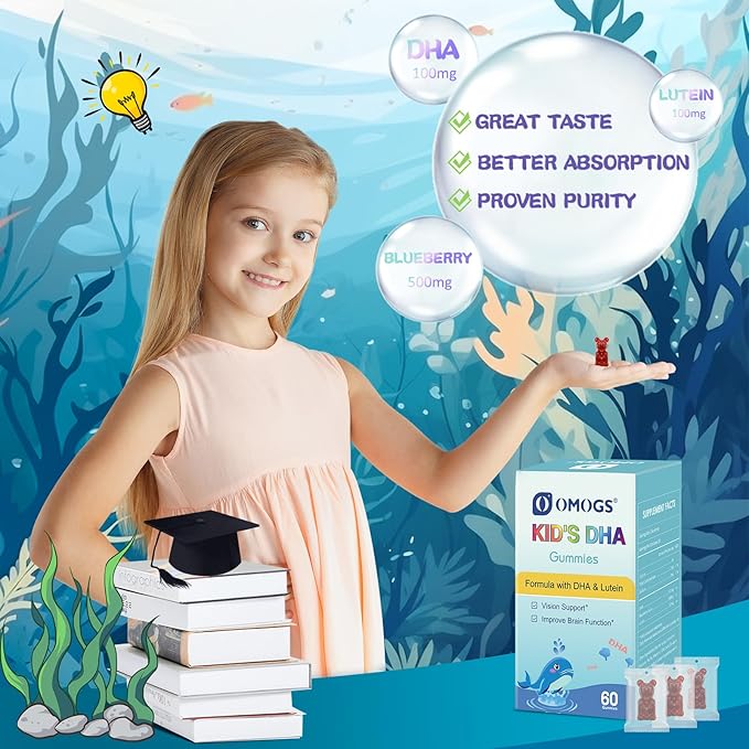 Children’s DHA Blueberry Flavoured Gummies, with Lutein, Omega-3 & Vitamin C Algae DHA, for Eye Health, Brain Health & Healthy Immunity, Gluten Free, Vegan, 60 Gummies.