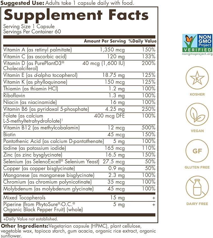 Solgar One Daily Men's Multivitamin Whole Body Support Supplement, Highly Absorbable Delayed Release One Daily Multi Vitamin Capsules for Men - Immune Heart Energy Stress & Muscle Health, 60 Servings