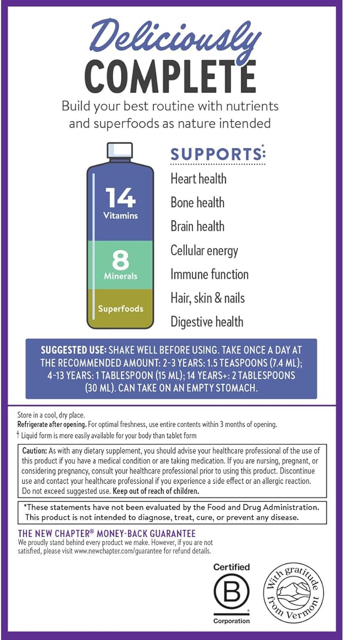 New Chapter Liquid Multivitamin + Mineral Supplement for Whole-Body Benefits, 100% Delicious Multivitamin for Adults, Teens & Kids 2+, Ready to Absorb Faster, Mixed Berry Flavored, 30 oz