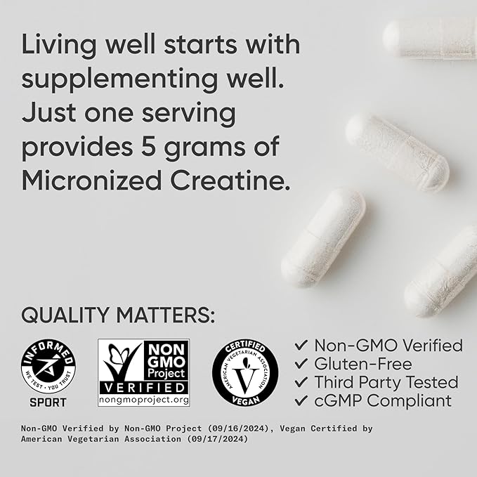 Sports Research® Creatine Monohydrate Capsules - May Support Workout Recovery, Lean Muscle gain, Performance and Strength* - Non-GMO, Vegan Certified - 5g per Servings - 30 Servings