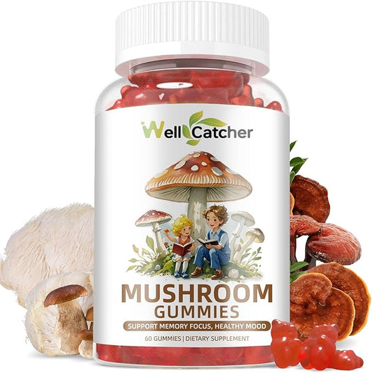Mushroom Gummies Supplement with Ashwagandha - Lion Mane Mushroom Supplement for Adults Kids with Reishi Cordyceps Brain Supplements for Memory and Focus Organic Vegan Non GMO Mixed Fruit Flavor 60CT