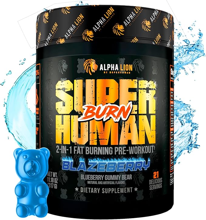 ALPHA LION Superhuman Burn 2-in-1 Metabolism Booster Pre Workout, Weight Loss Supplement, Appetite Suppressant, Fat Loss Support, Energy & Focus Powder (21 Servings, Blue Gummy Bear Flavor)